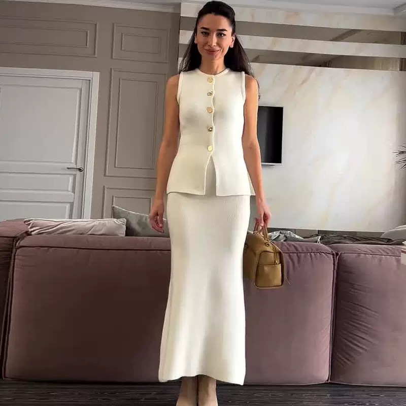 Round-neck Single-breasted Sle - Women Formal Wear With Skirt 评论和价格