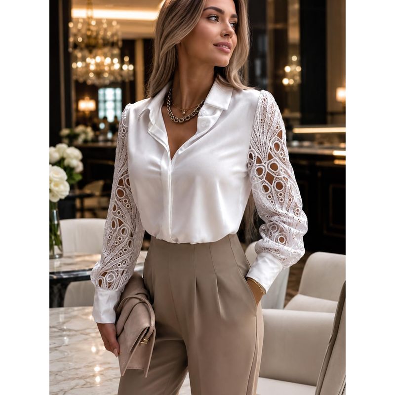 Women Button Down Satin Blouse - Women Formal Wear For Meeting 评论和价格